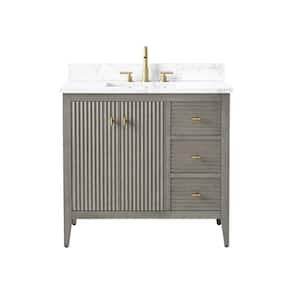 36 in. W x 22 in D x 38 in. H Single Sink Linear Driftwood Gray Bath Vanity Cabinet with White Engineered Marble Top