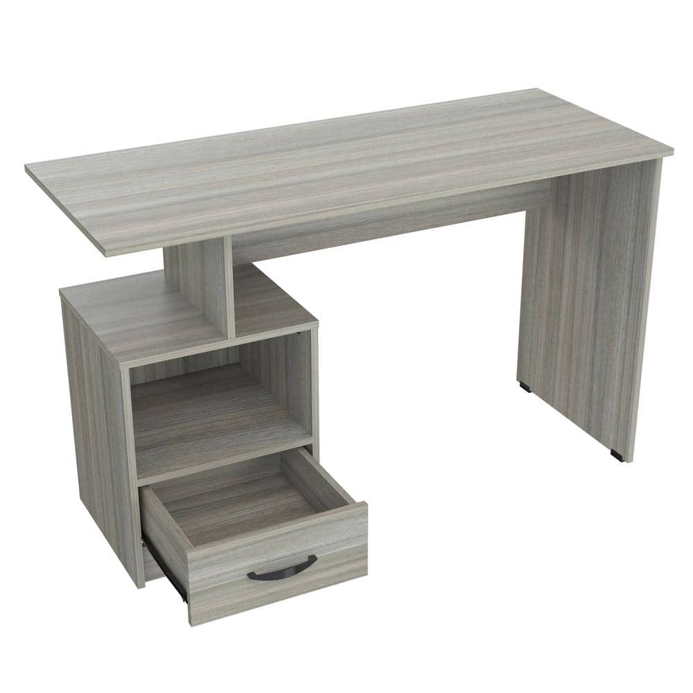 Modern Smoke Oak Writing Desk with Drawer and Open Storage, 47.2 in