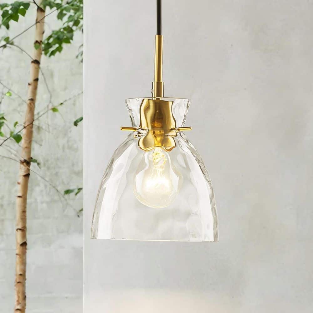 Elorae 5.9 in. 1-Light Black and Brass Modern Mini Pendant Light with Bell-Shaped Ripple Glass Shade price history on PriceWatchPro