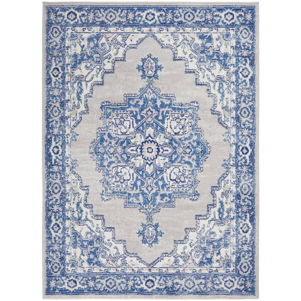 Grey Blue Floral Medallion 5' x 7' Synthetic Area Rug
