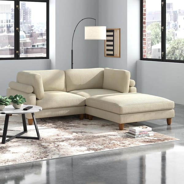 Monland 89 in. Round Arm Polyester Corduroy Upholstery L-Shaped Reversible Deep-Seated 3-Piece Corner Sectional Sofa in Beige