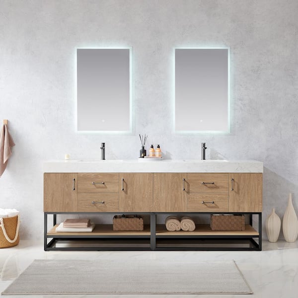 Alistair 84 in. W x 22 in. D x 34 in. H Double Sink Bath Vanity in North American Oak with White Composite Stone Top