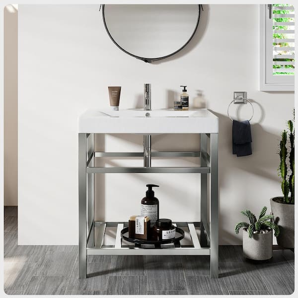 Eviva Stone 24 in. W x 18 in. D x 33.5 in. H Bathroom Vanity in Stainless Steel with White Porcelain Top with White Sink