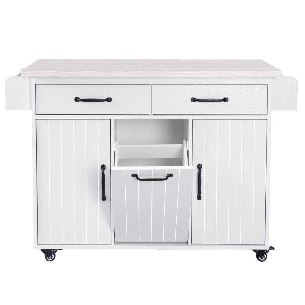 White Wood Rolling Kitchen Cart with Trash Can Storage Drop