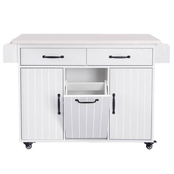 White Wood Rolling Kitchen Cart with Trash Can Storage Drop