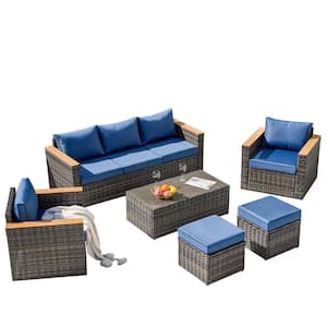 6 Pieces Gray Wicker Outdoor Couch Patio Sectional Sofa Conversation Sets with Blue Cushions for Backyard Lawn
