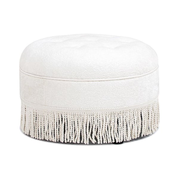 Yolanda 24 in. Chenille Round Upholstered Accent Ottoman in Almond White