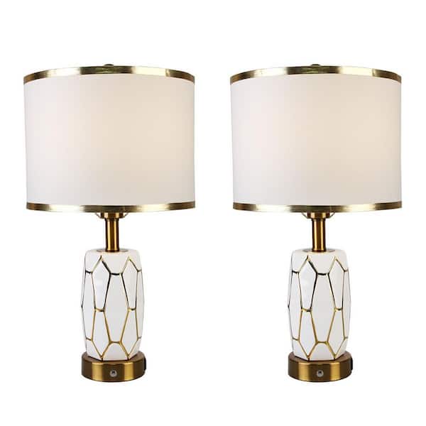 (Set of 2), H 22.8 in. White Ceramic Touch Dimmable Bedside Retro Table Lamp with USB Port, LED bulbs included