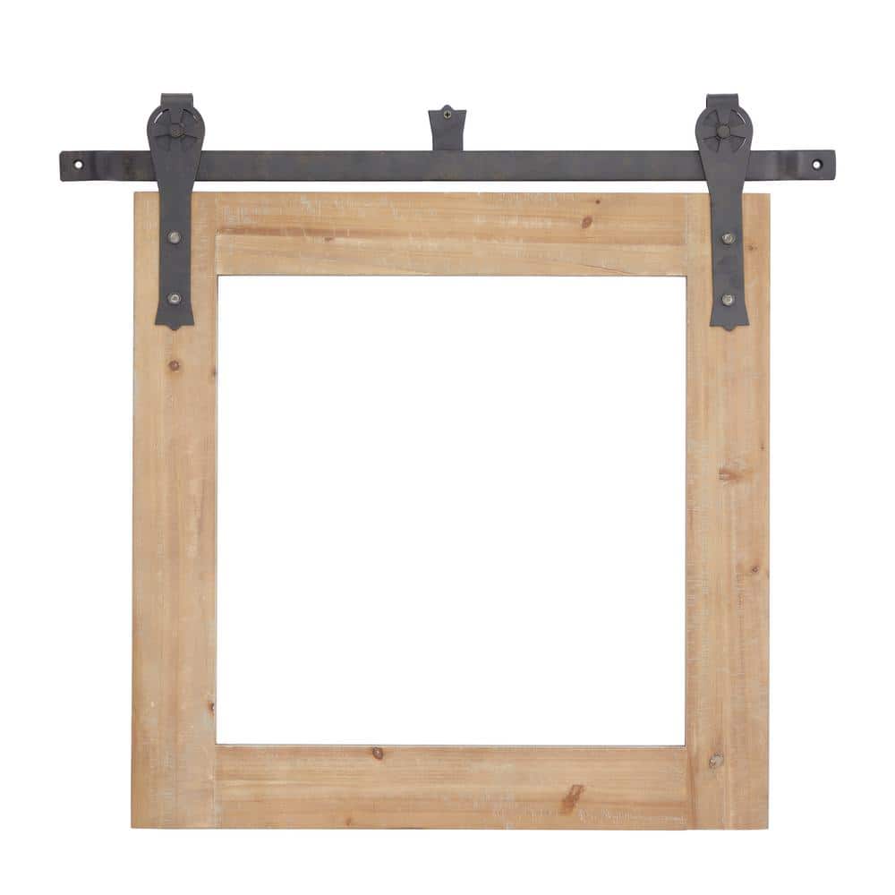 27 in. x 30 in. Square Framed Brown Wall Mirror with Metal Hanging Rod