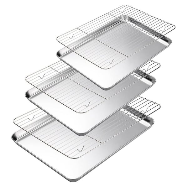 Stainless Steel Silver Baking Sheet with Cooling Rack Set of 6, Includes 3 Cookie Sheets and 3 Wire Racks in 3 Sizes