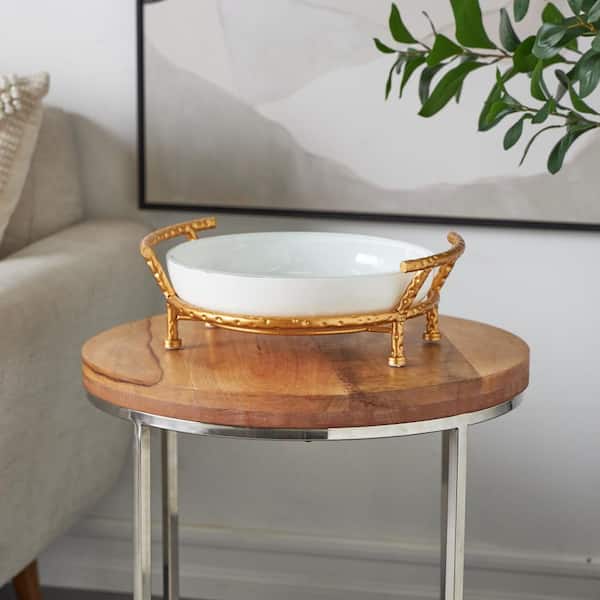 Litton Lane White Kitchen Decorative Serving Bowl with Gold Metal Stand