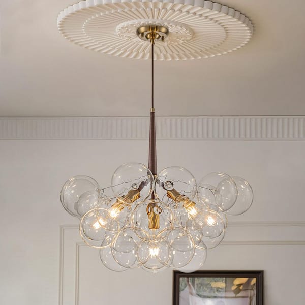Alma 6-Light 24.8 in.W Gold and Brown Cluster Bubble Chandelier with Clear Glass and Leather, LED Bulbs Included