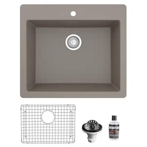 QT- 820 Quartz 25 in. Single Bowl Drop-In Kitchen Sink in Concrete with Bottom Grid and Strainer