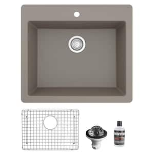 QT- 820 Quartz/Granite 25 in. Single Bowl Drop-In Kitchen Sink in Concrete with Bottom Grid and Strainer