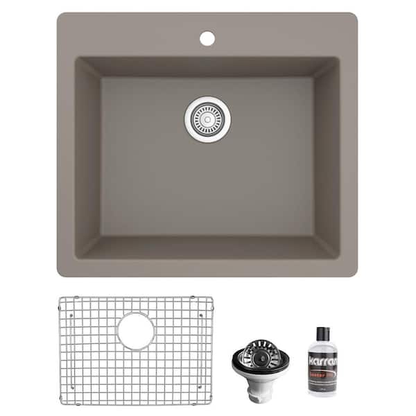 Karran QT- 820 Quartz/Granite 25 in. Single Bowl Drop-In Kitchen Sink in Concrete with Bottom Grid and Strainer