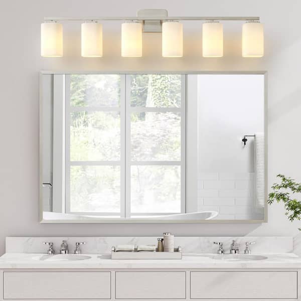 43.25 in. 6-Light Brushed Nickel Clemmon Vanity Light with Square Frosted Glass Shade