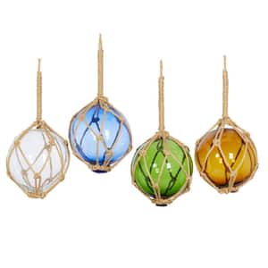Multi Colored Glass Buoy Sculpture with Rope Accents (Set of 4)