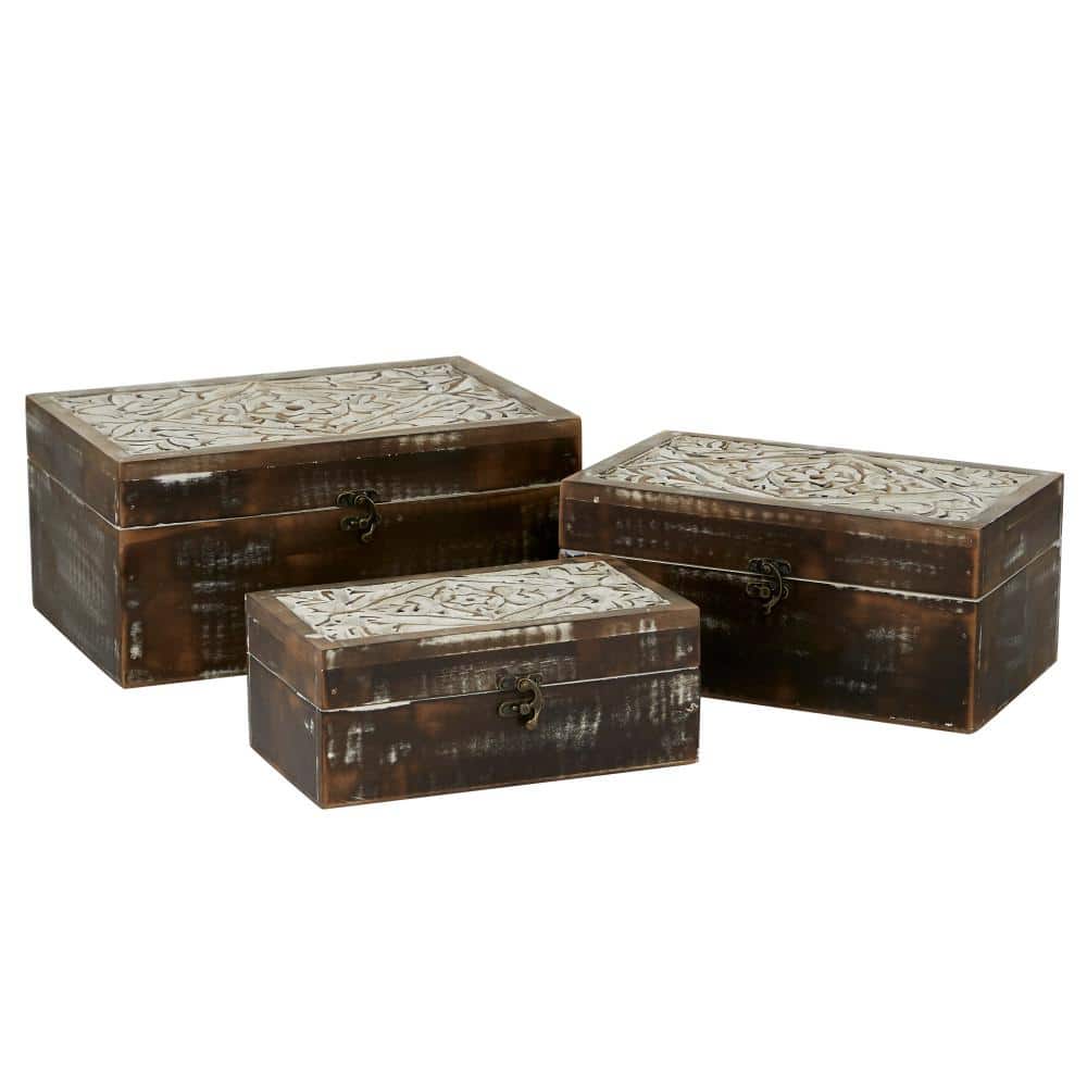 Handmade Brown Mango Wood Floral Decorative Box Set with Hinged Lid