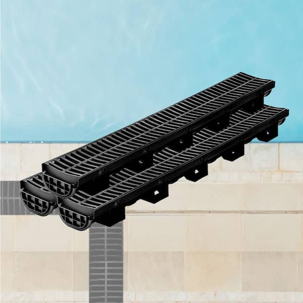 Trench Drain System 5.7 x 3.1 in. HDPE Drainage Black Plastic Garage Floor Drain 3 x 39 in. Grate 3-End Caps, for Garden