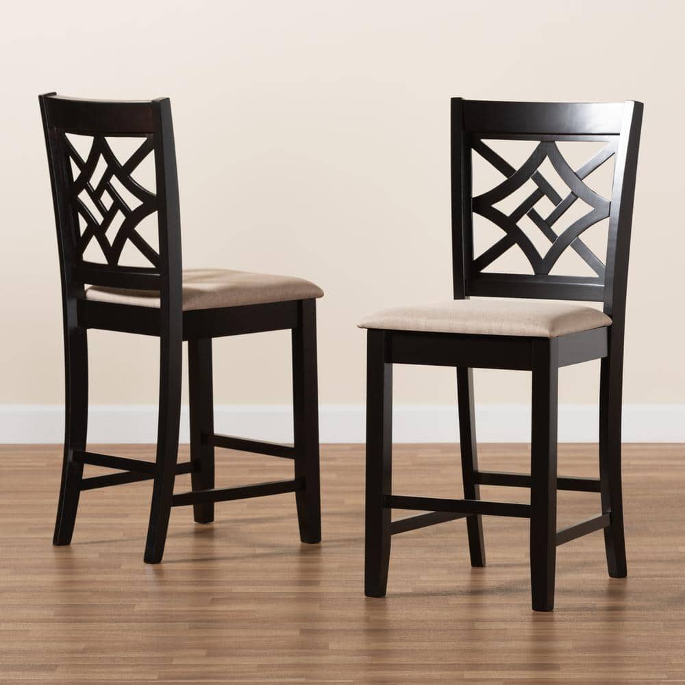 Nicolette Sand and Dark Brown Wood Counter Stool Set with Intricate Backrest Design