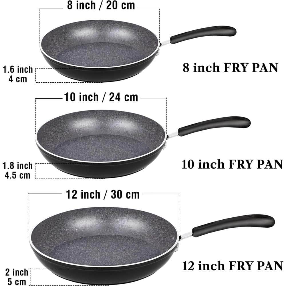 Black Aluminum Non-stick Induction Frying Pan Set, 8"/10"/12"