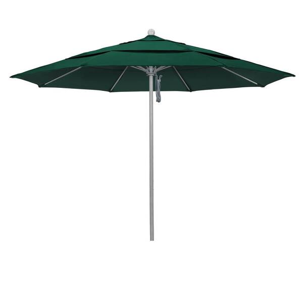 California Umbrella 11 ft. Gray Woodgrain Aluminum Commercial Market Patio Umbrella FiberglassRibs and Pulley Lift in Forest Green Sunbrella