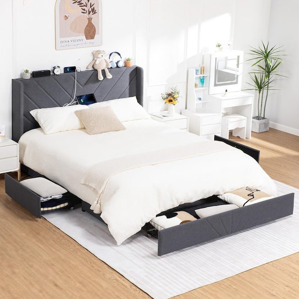 Dark Gray Bed Frame with Type-C and USB King Size Platform Bed with 3-Storage Drawers Upholstered Headboard Bed