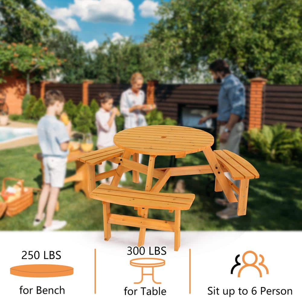 Natural Wood 6-Person Circular Picnic Table with Benches