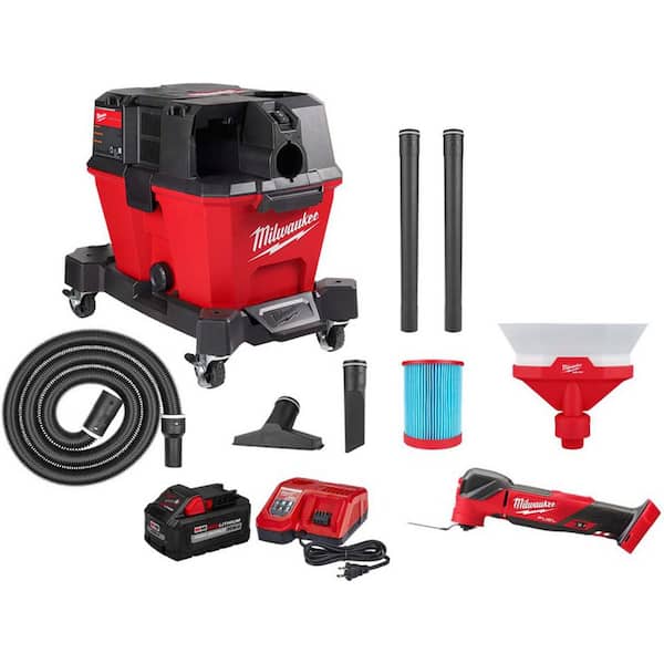 Milwaukee M18 FUEL 6 Gal Wet/Dry Vacuum, Multi-Tool, and Dust Collector Vac Attachment w/M18 XC 8.0Ah Battery and Rapid Charger