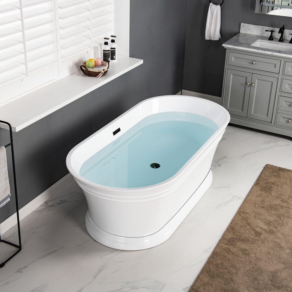 67" White Acrylic Freestanding Soaking Bathtub with Matte Black Trim
