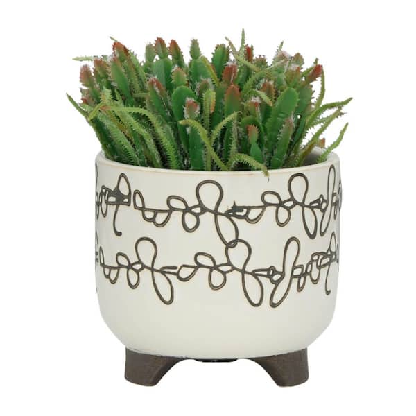 Set of 2 6/8 in. Beige Ceramic Fluted Planters with Frost and Heat Resistant, Modern Indoor/Outdoor Decorative Pots
