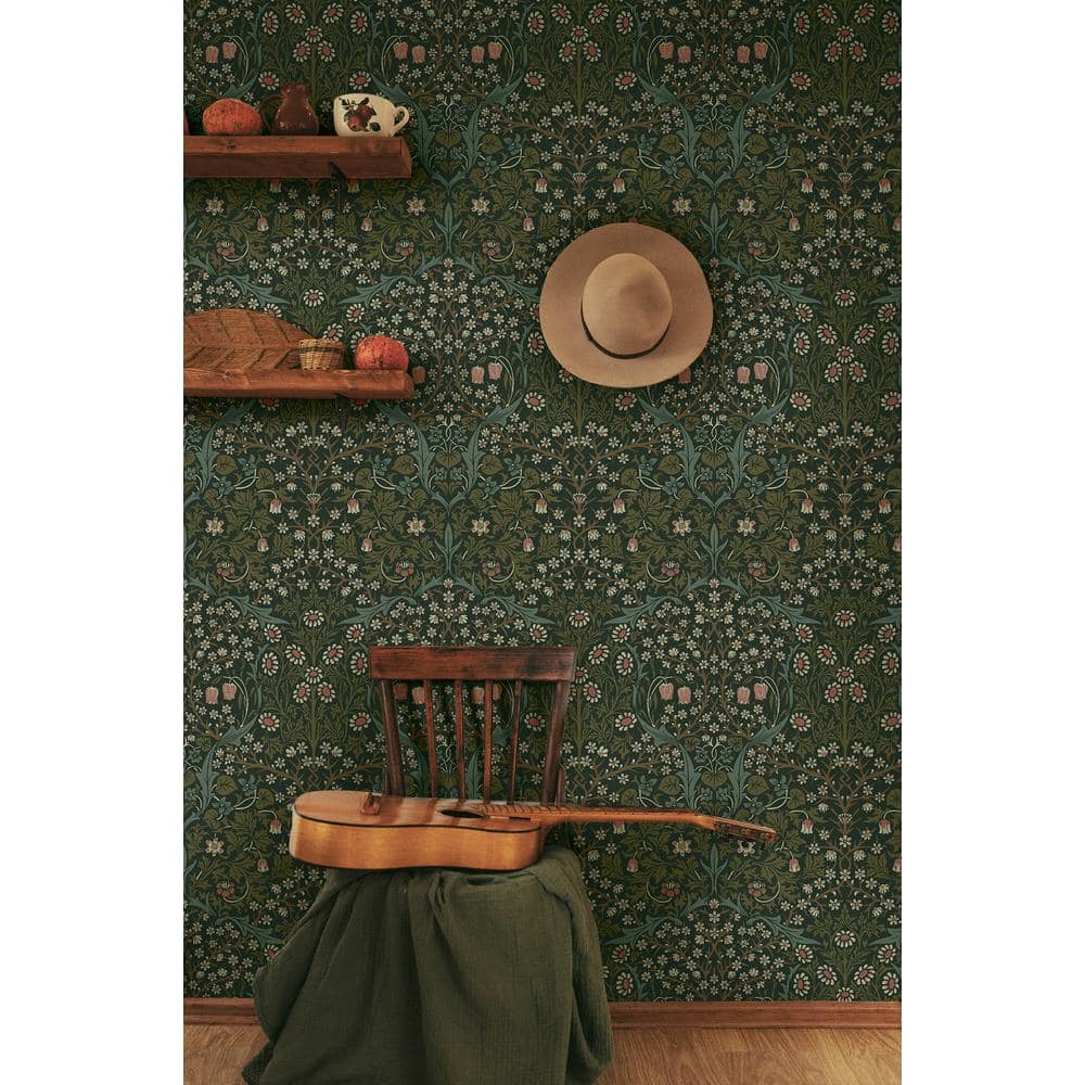 Victorian Garden Green Damask Self-Adhesive Peel and Stick Wallpaper