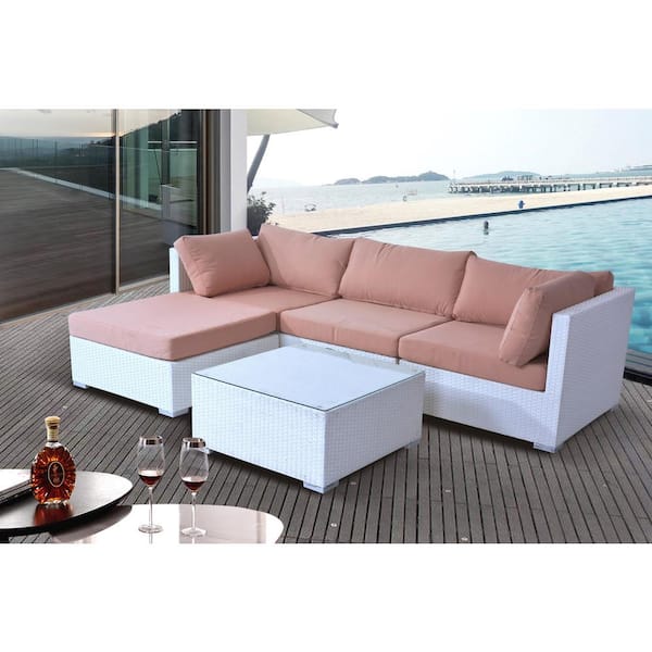 Velago Savosa 5-Piece All-Weather White Wicker Patio Sectional Set with Beige Cushions