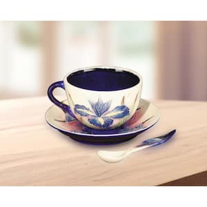 Iris 3.5 in. Multi-Colored Tea Pot-Saucer with Hand Painted Porcelain Style