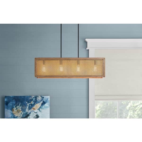 Beau 4-Light Matte Black Linear Chandelier with Natural Wood Finish Shade