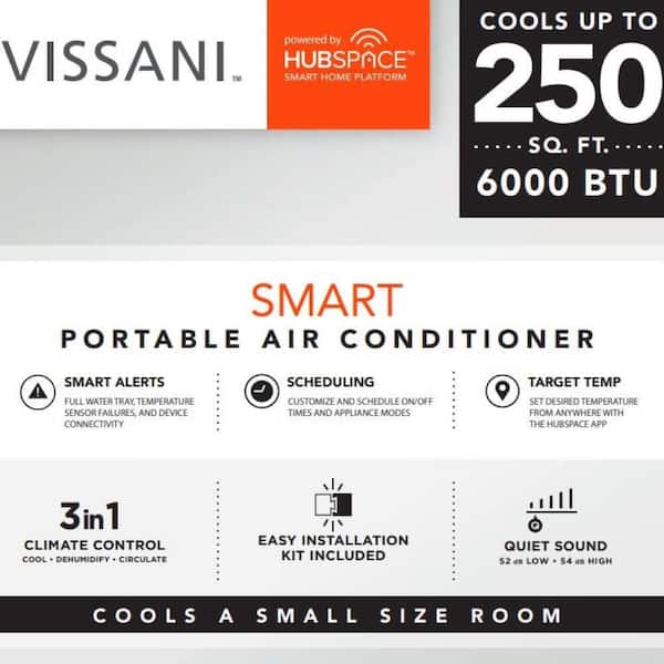 Vissani - 6,000-BTU 115-Volt 3-in-1 Portable Air Conditioner for 250 sq. ft. Rooms in White, Powered by Hubspace