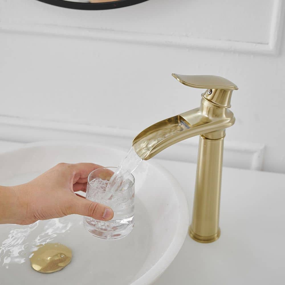 Brushed Gold Tall Single Handle Waterfall Vessel Sink Faucet