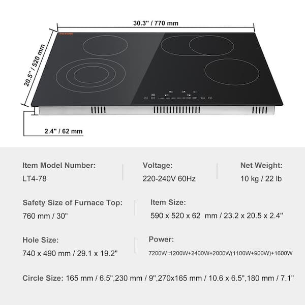 VBGK Electric Cooktop 30 inch 7200W, Electric Cooktop 4 Burners and  Built-in Hot Plate for Cooking,99 Minutes Timer Electric Stove Top 220v  without