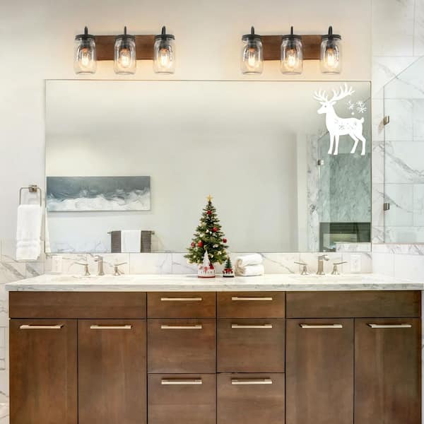 Farmhouse Bathroom Vanity Light 3-Light Black Powder Room Wall Sconce with Brown Faux Wood Accent Clear Mason Jar Shades