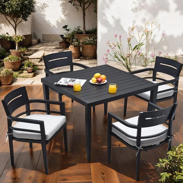 Davina 5-Piece Ember Black Aluminum Square Patio Outdoor Dining Set with Light Gray Cushions, 4 Dining Chairs