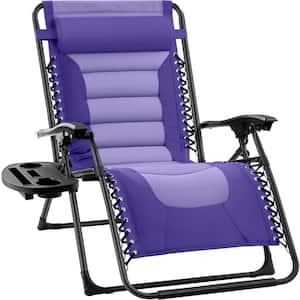 Oversized Padded Zero Gravity Purple/Violet Metal Reclining Outdoor Lawn Chair w/Side Tray