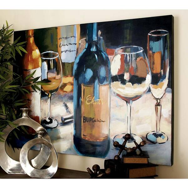 Litton Lane 48 in. x 36 in. "Wine Bottles with Glasses Still Life" Hand Painted Canvas Wall Art