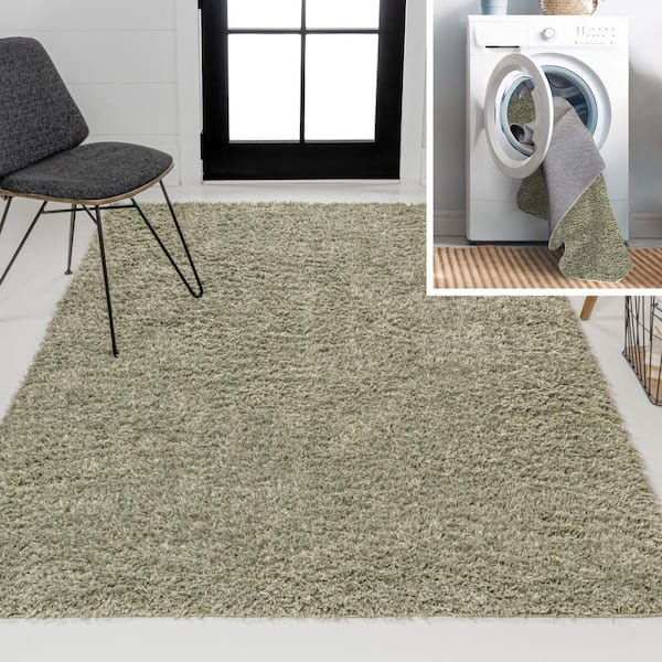 JONATHAN Y Green 3 ft. x 5 ft. Clayton Coastal Solid Glam Shag Machine-Washable Area Rug