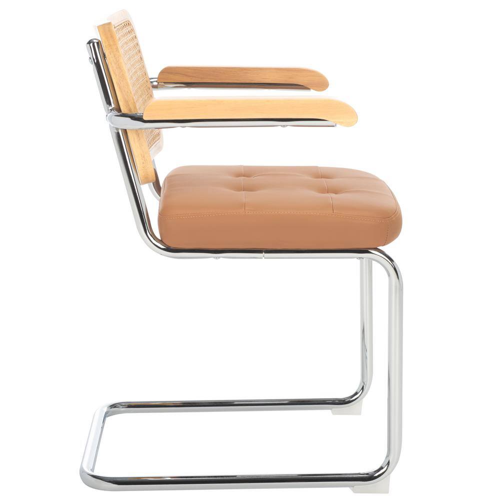 Cognac Faux Leather and Natural Rattan Arm Chair with Chrome Legs