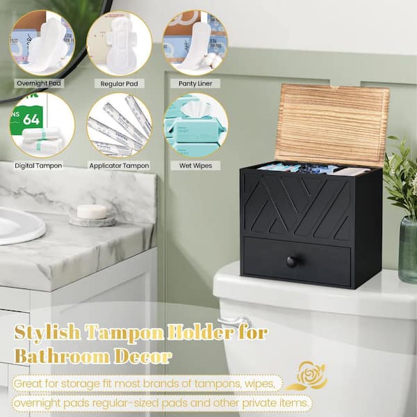 Numhew 1-Pack Wooden Tampon Holder with Lid, 3 Compartments, Detachable Partitions, Bathroom Feminine Product Organizer, Black