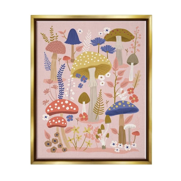 Stupell Industries Mushrooms and Botanical Pattern by Lisa Perry Whitebutton Gold Floater Frame Graphic Nature Art Print 31 in. x 25 in.