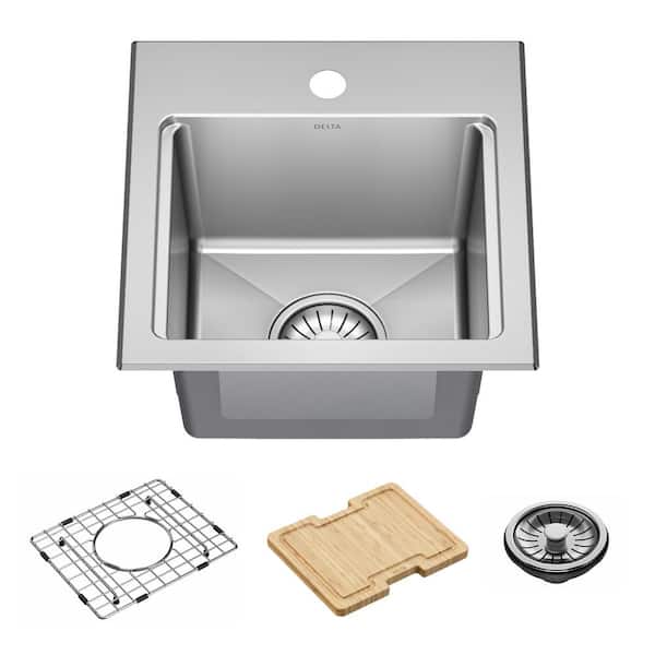 Delta Emery 15 in. Drop-In/Undermount Single Bowl 18 Gauge Stainless Steel Kitchen Workstation Sink with Accessories