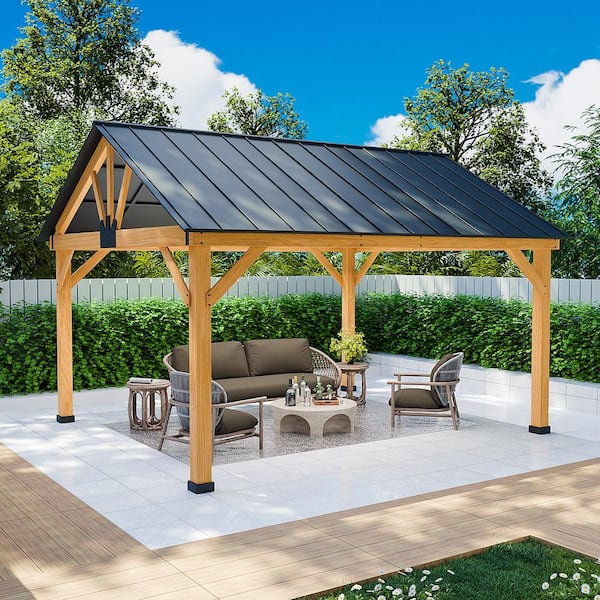 INMITOM 13 ft. x 11 ft. Premium Cedar Wood Hardtop Gazebo with Galvanized Steel Roof and Ceiling Hook for Outdoor Patio