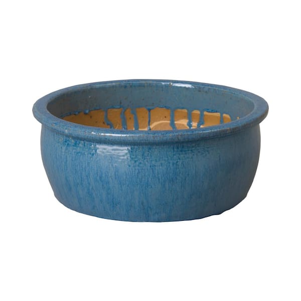 Emissary Shallow 18.5 in. L x 8 in. H Blue Ceramic Round Planter with Drainage Hole