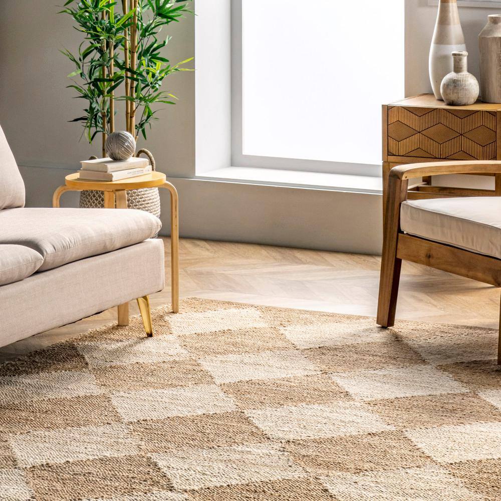 Louie Diamond Checkerboard Natural Jute Flat Woven Area Rug, 4' x 6'